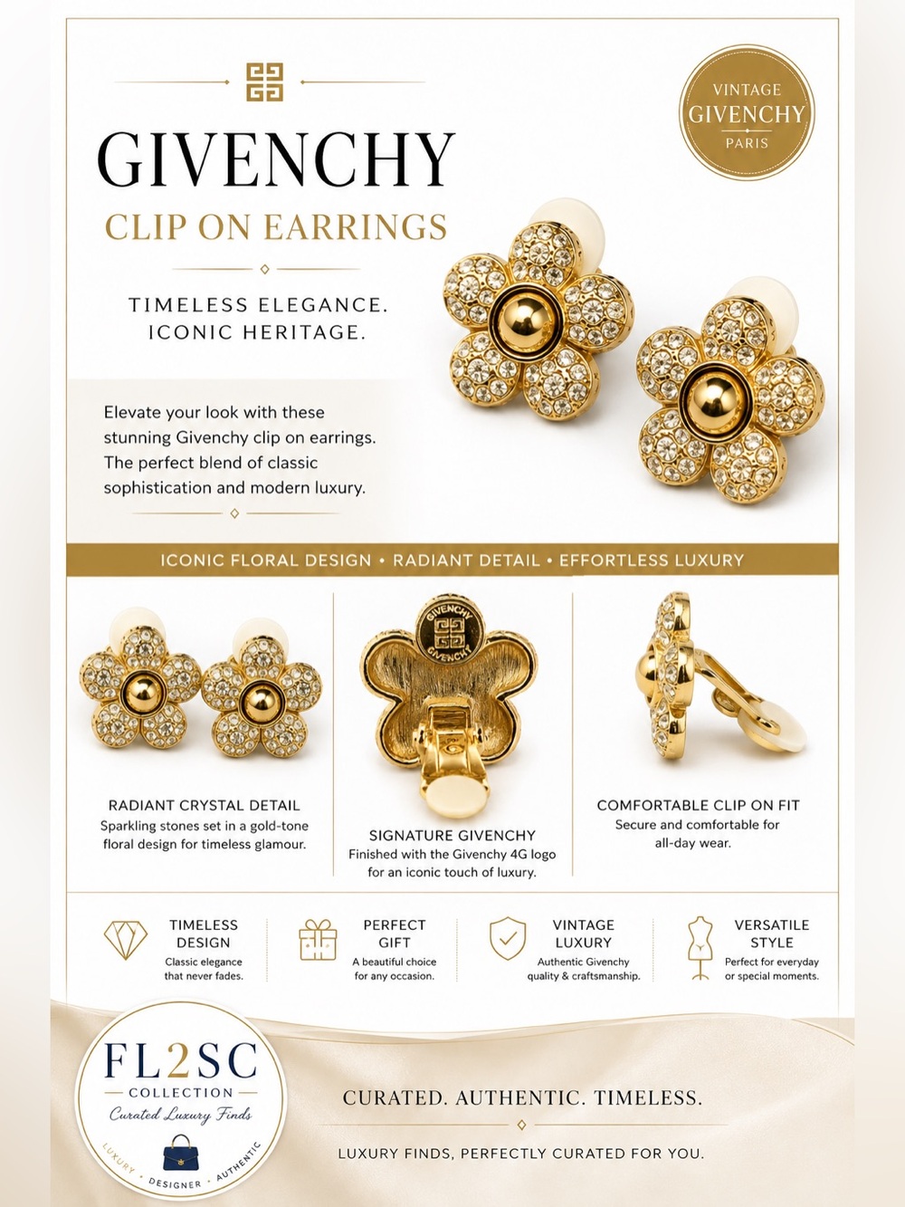 Givenchy Gold Crystal Floral Clip-On Earrings